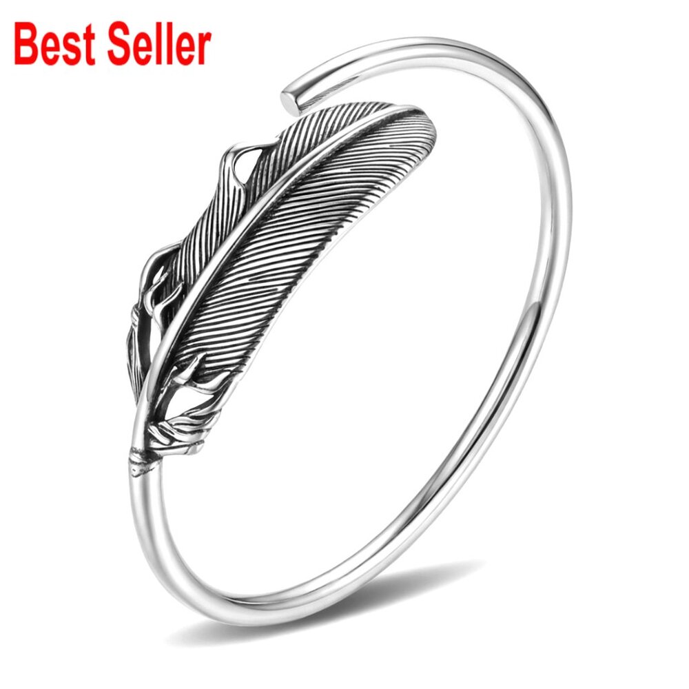 925 Sterling Silver Plated Adjustable Cuff Bracelet with Feather Detail